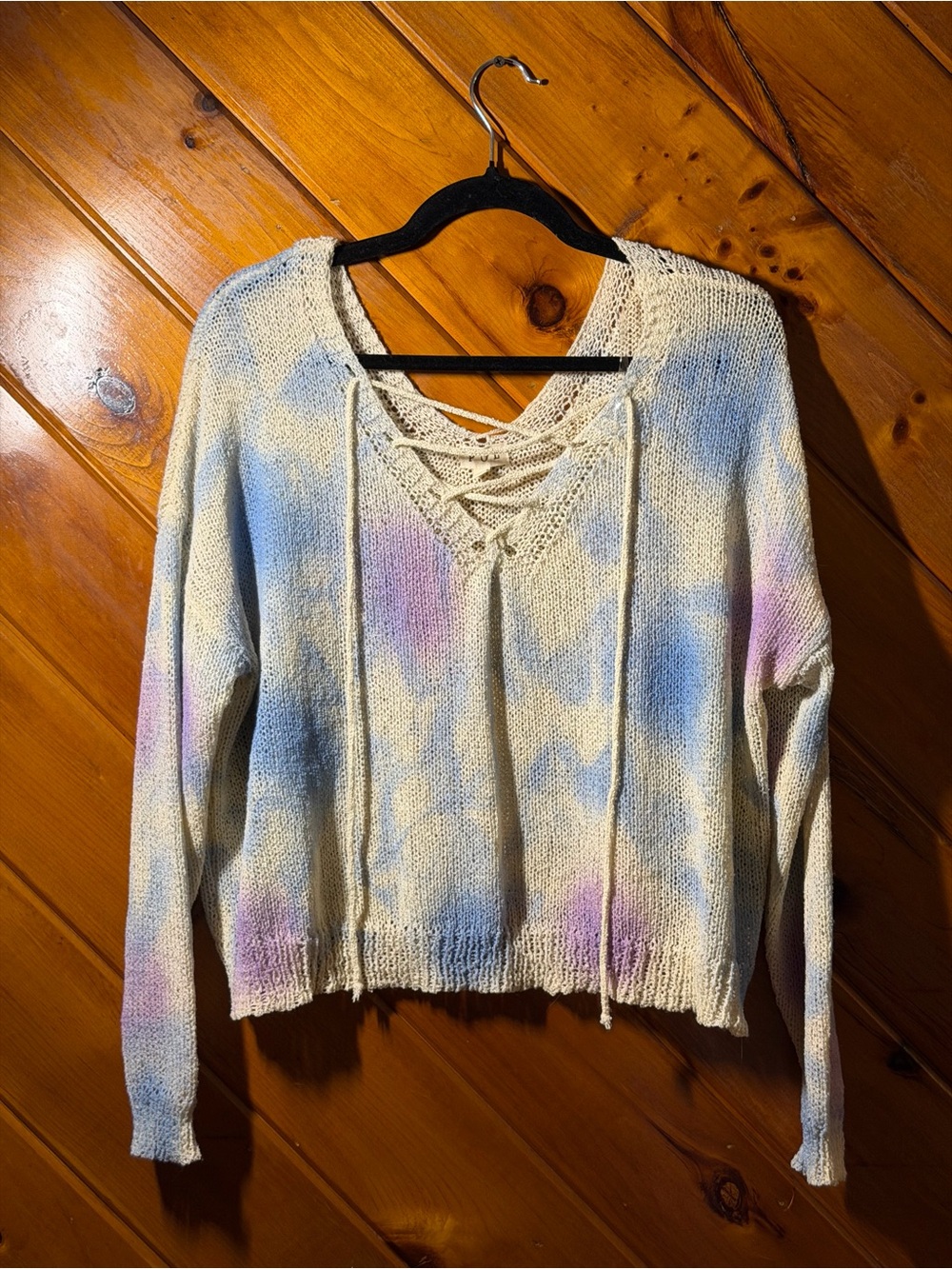 POL Pastel Tie-Dye Lace-Up Crop Sweater in Cream, Blue & Pink